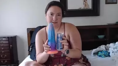 Curvy Freckles enjoys fucking red bull can and and monster toy